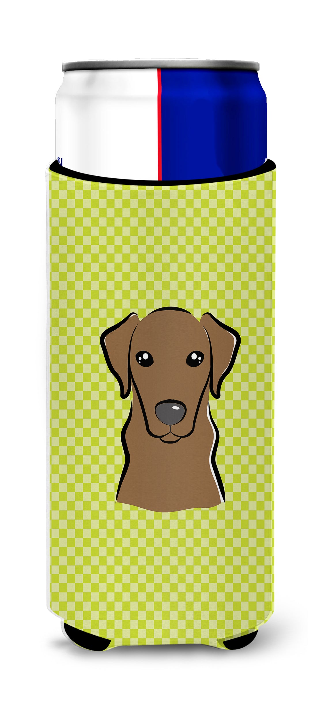 Checkerboard Lime Green Chocolate Labrador Ultra Beverage Insulators for slim cans.