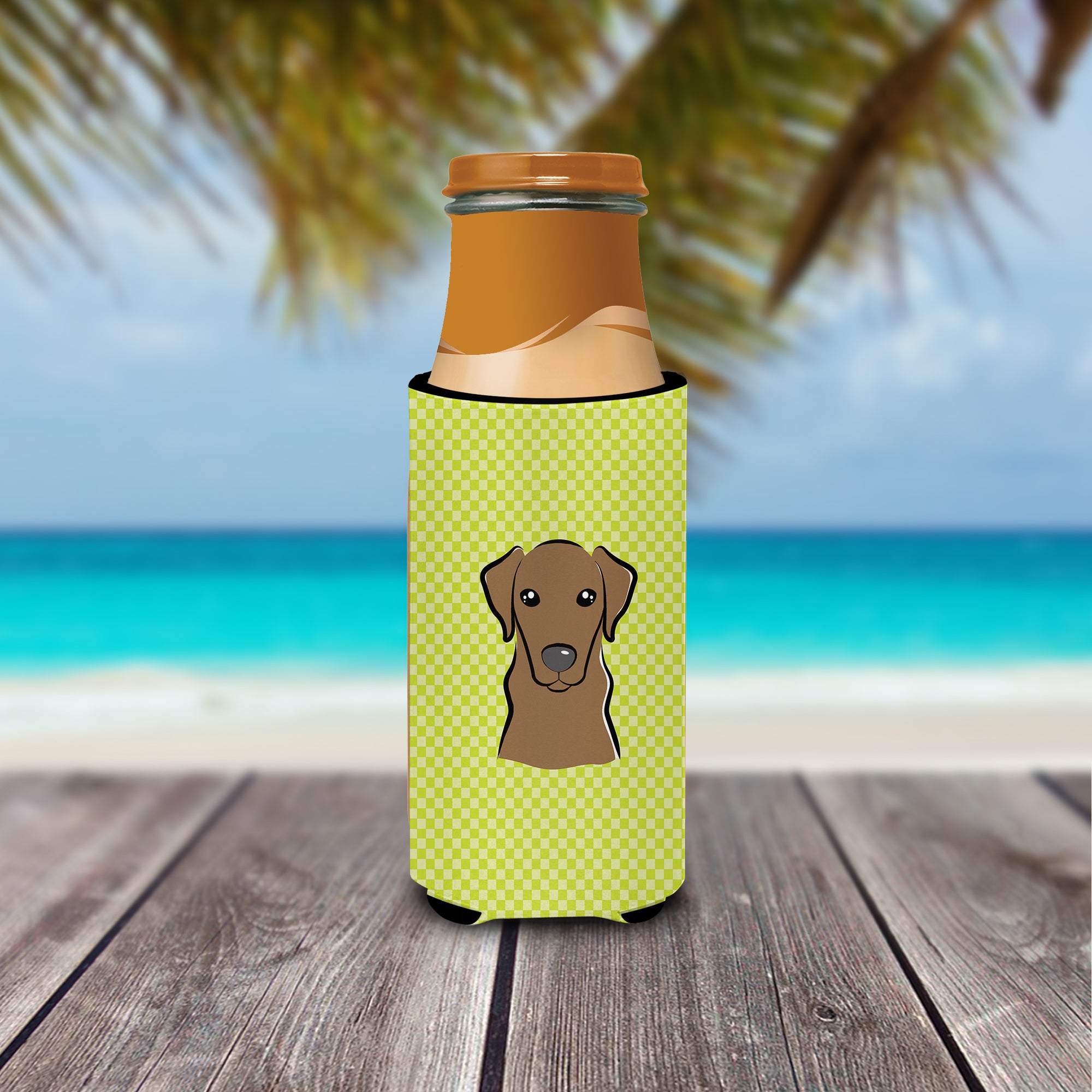 Checkerboard Lime Green Chocolate Labrador Ultra Beverage Insulators for slim cans