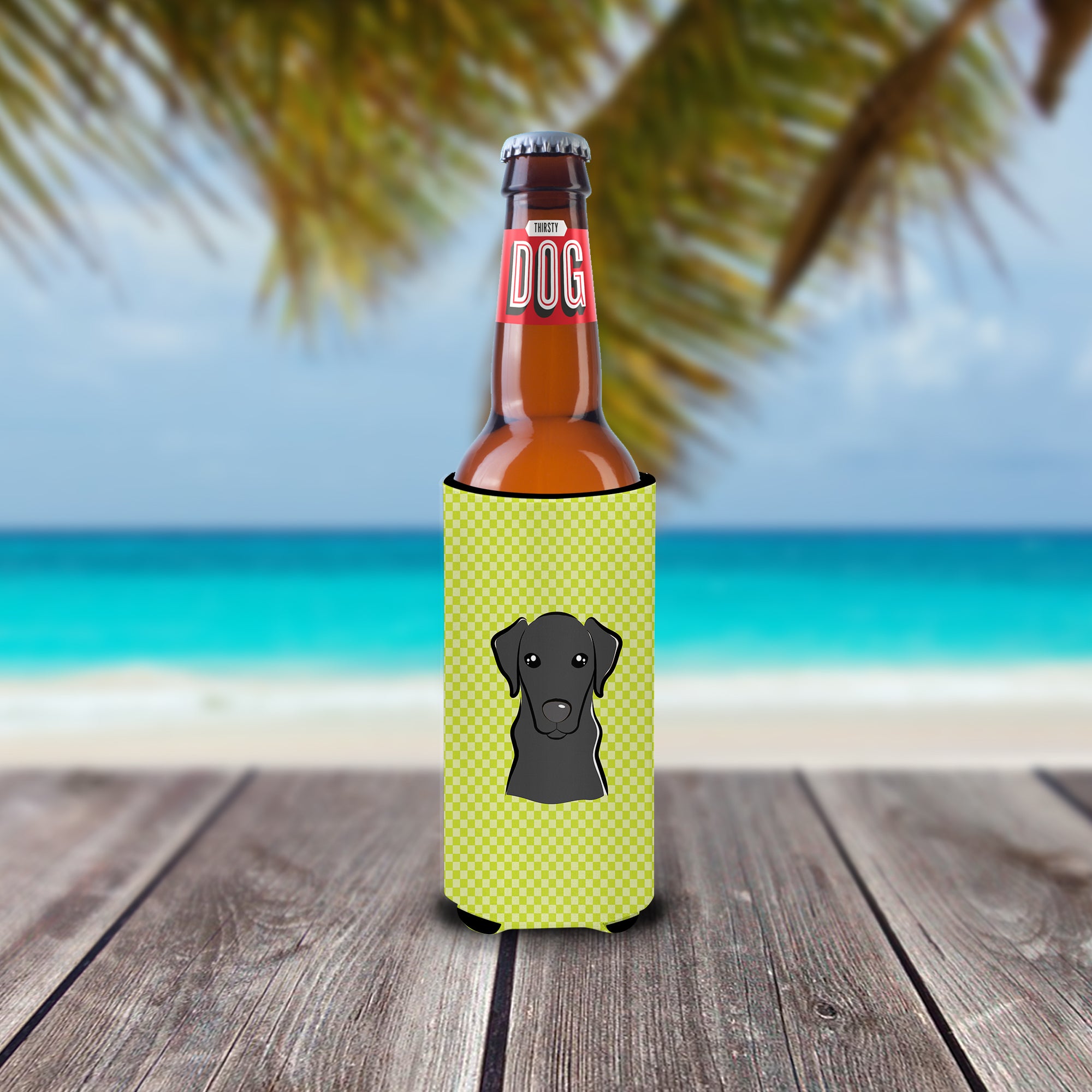 Checkerboard Lime Green Black Labrador Ultra Beverage Insulators for slim cans
