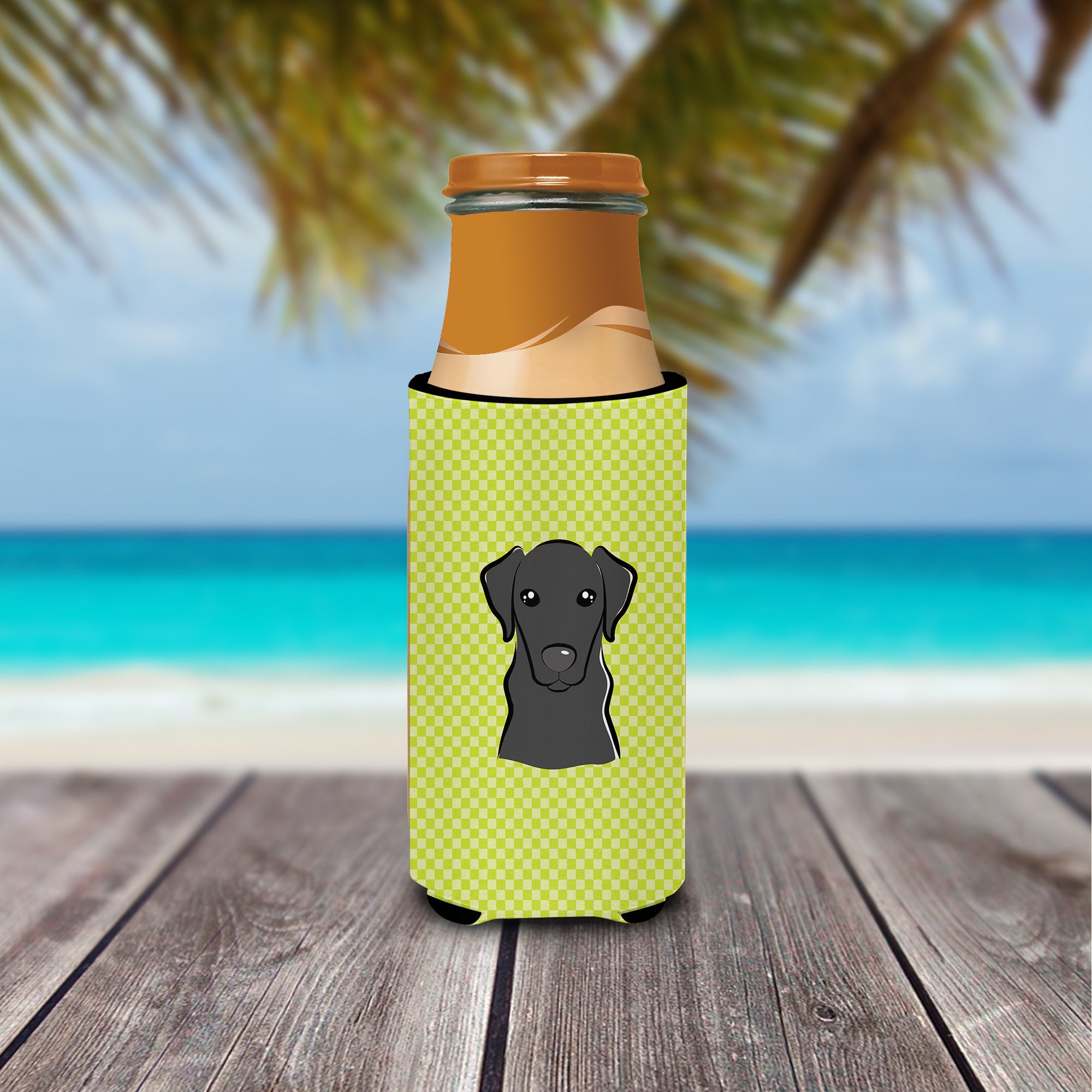 Checkerboard Lime Green Black Labrador Ultra Beverage Insulators for slim cans