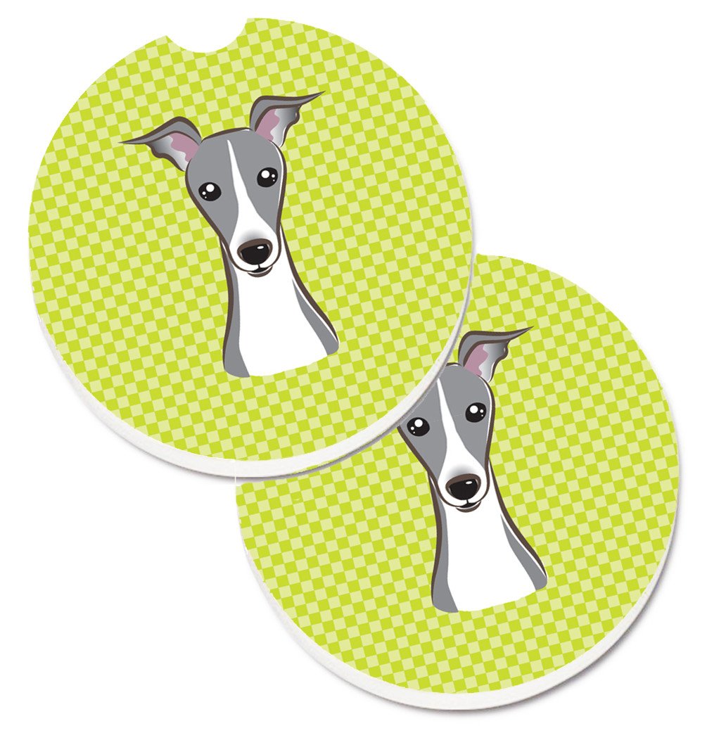 Checkerboard Lime Green Italian Greyhound Set of 2 Cup Holder Car Coasters BB1298CARC by Caroline&#39;s Treasures