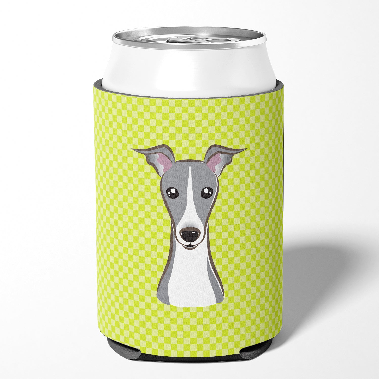 Checkerboard Lime Green Italian Greyhound Can ou Bottle Hugger BB1298CC