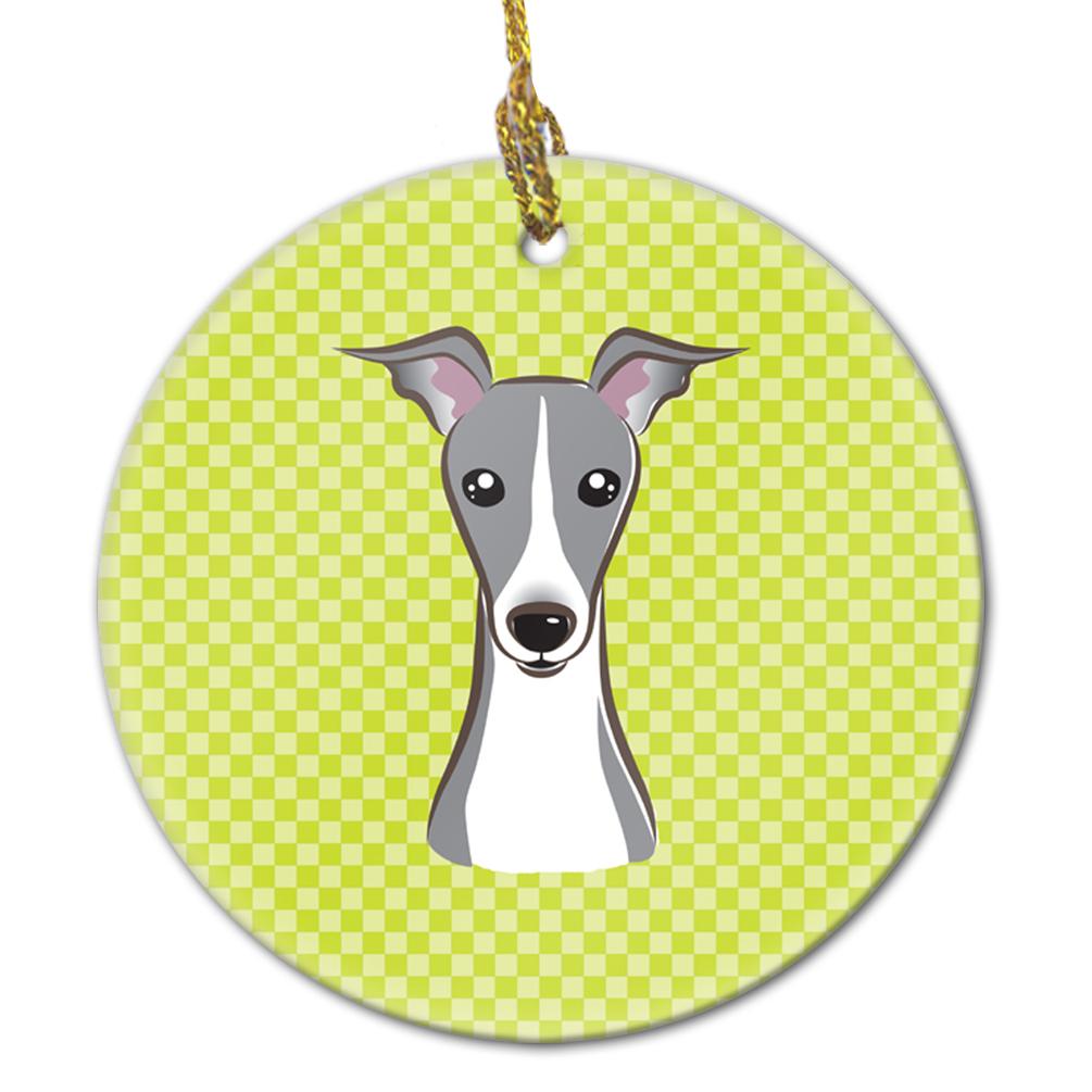 Checkerboard Lime Green Italian Greyhound Ceramic Ornament by Caroline&#39;s Treasures