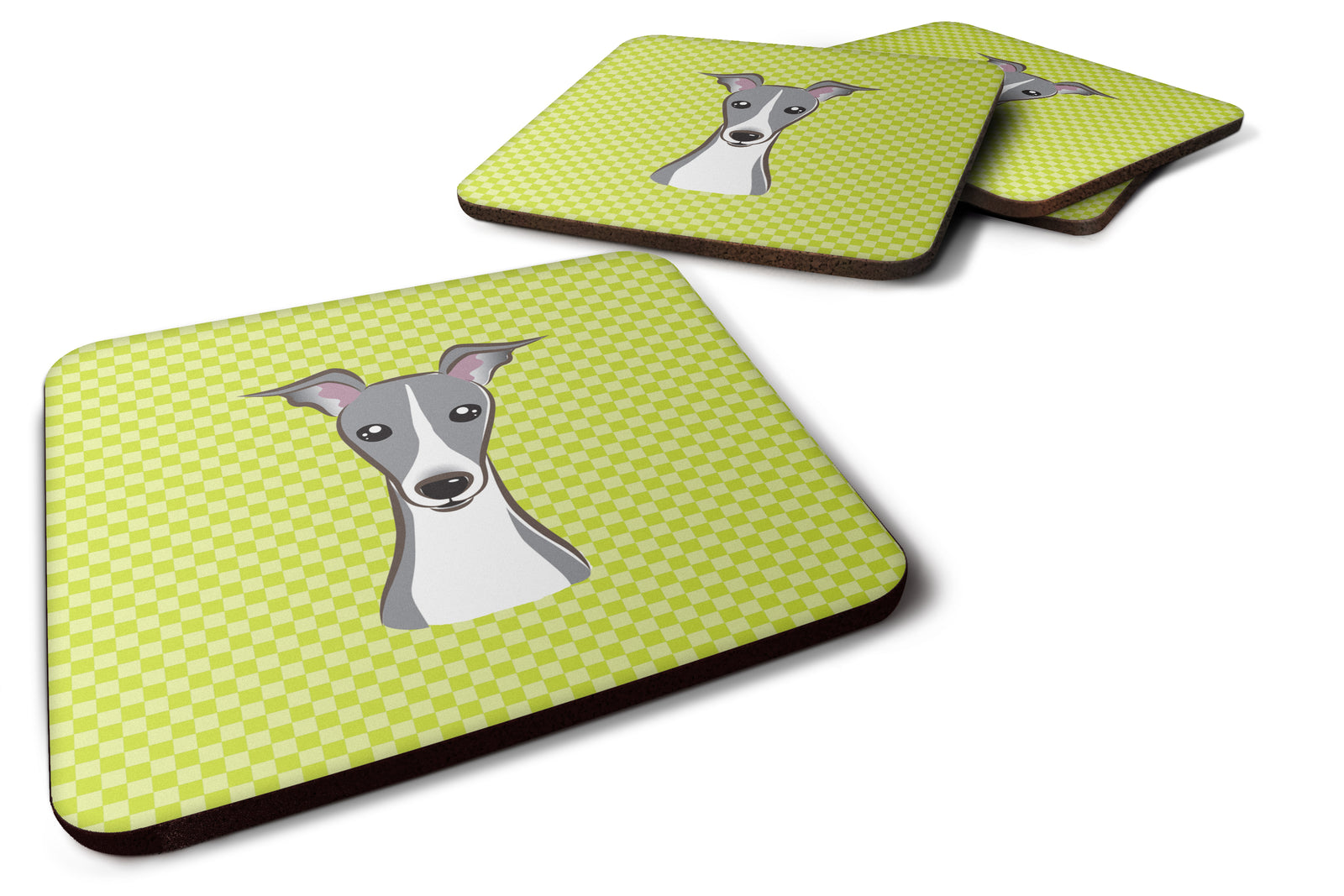Set of 4 Checkerboard Lime Green Italian Greyhound Foam Coasters BB1298FC - the-store.com