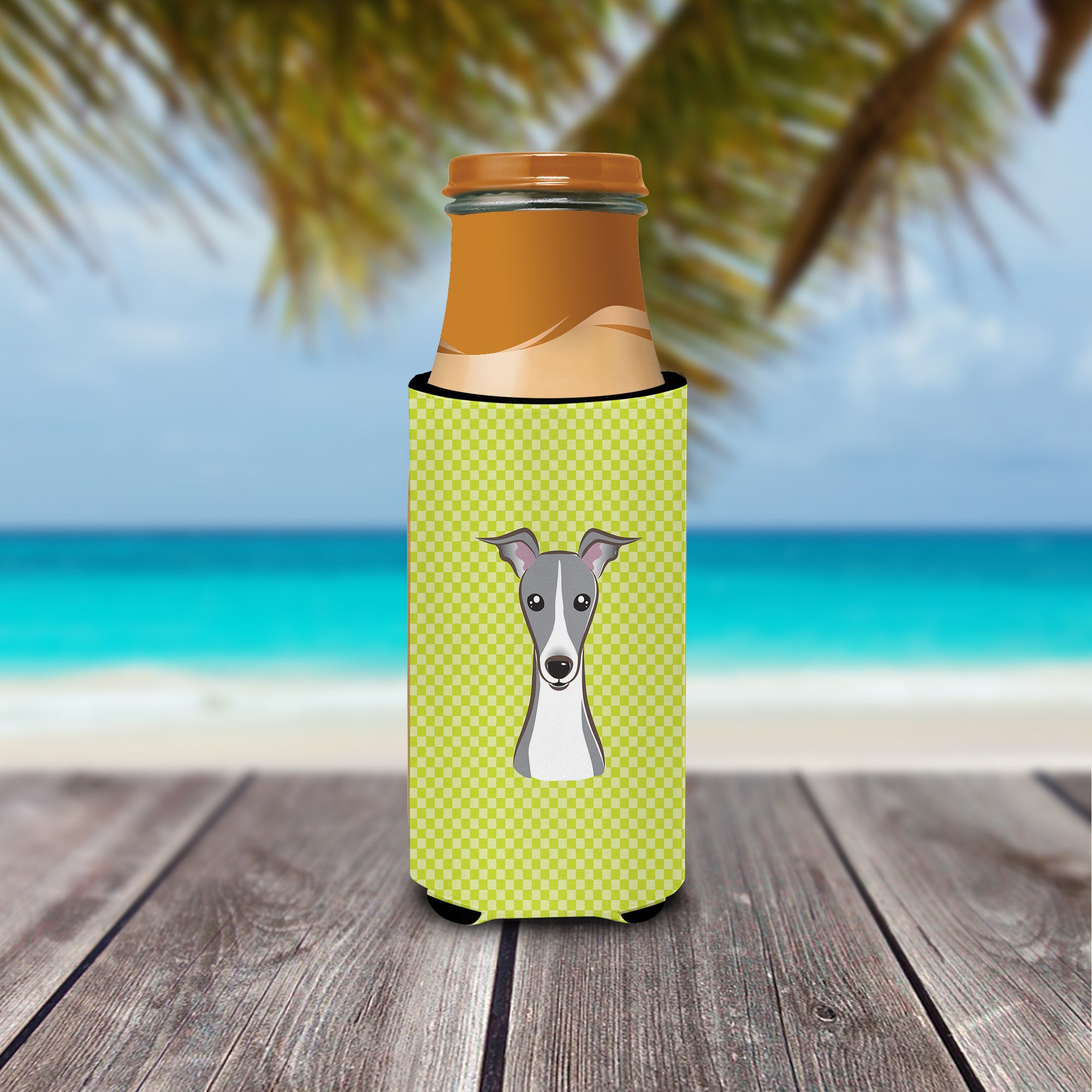 Checkerboard Lime Green Italian Greyhound Ultra Beverage Insulators for slim cans