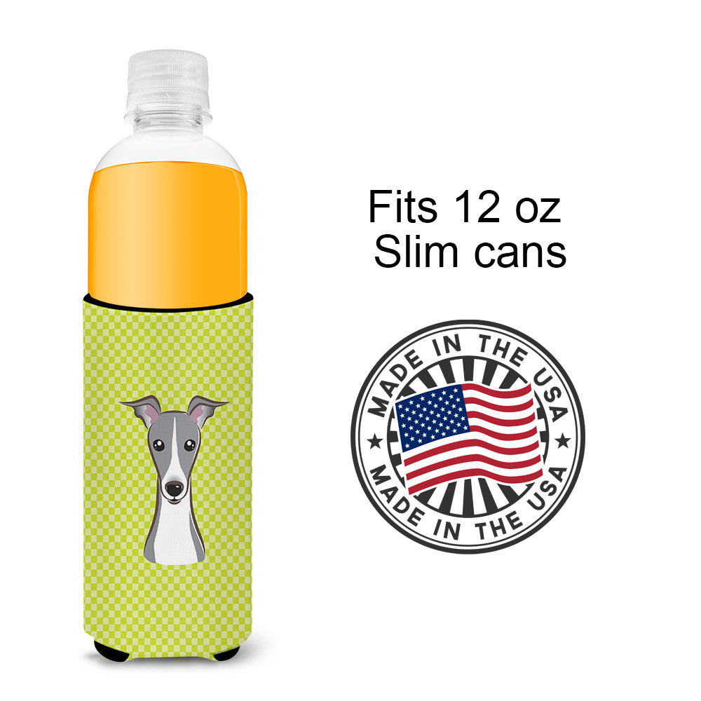 Checkerboard Lime Green Italian Greyhound Ultra Beverage Insulators for slim cans.