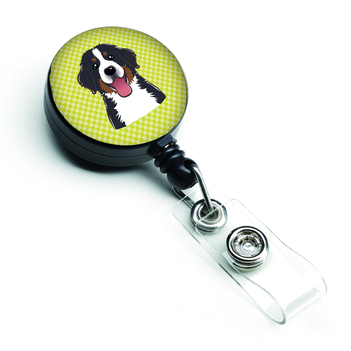 Bobine de badge rétractable pour chien de montagne bernois vert citron damier BB1299BR