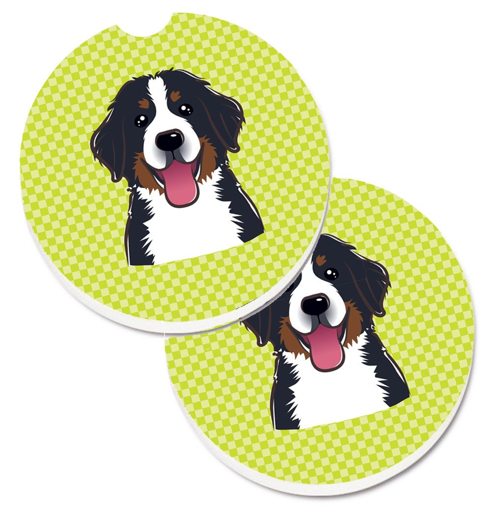 Checkerboard Lime Green Bernese Mountain Dog Set of 2 Cup Holder Car Coasters BB1299CARC by Caroline&#39;s Treasures