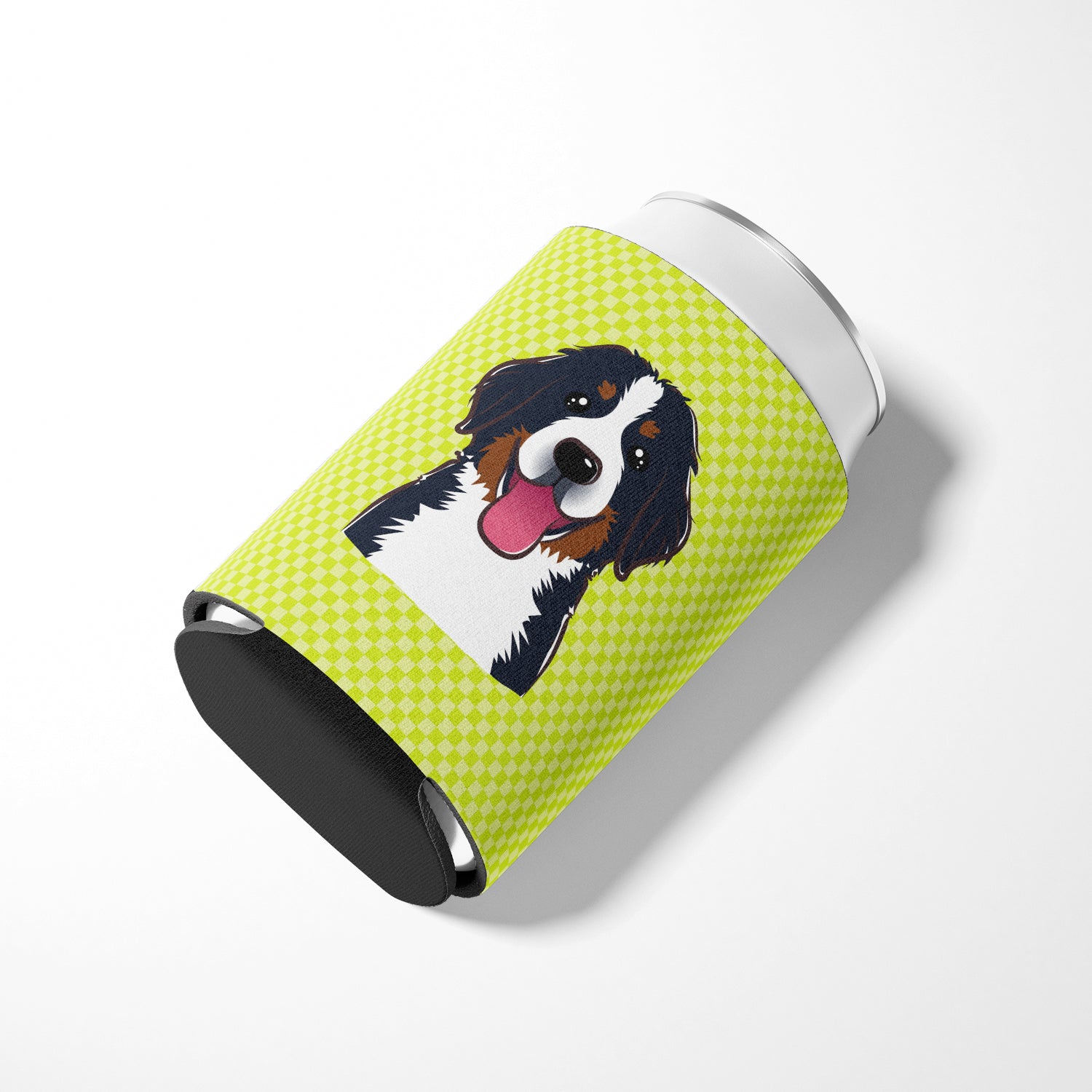 Checkerboard Lime Green Bernese Mountain Dog Can or Bottle Hugger BB1299CC.