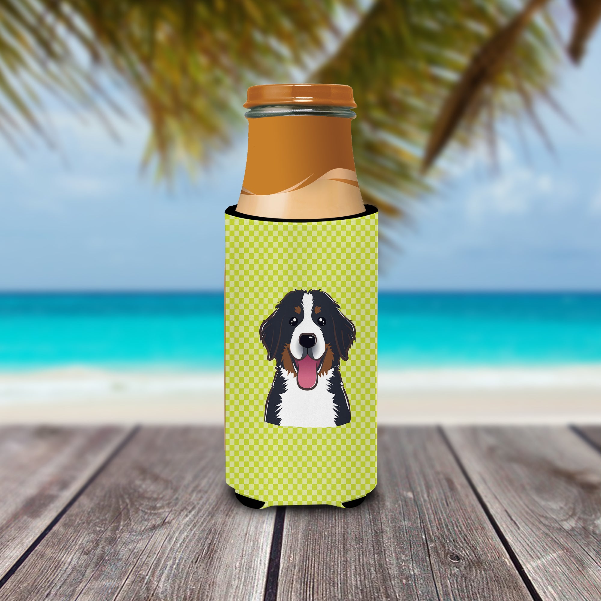 Checkerboard Lime Green Bernese Mountain Dog Ultra Beverage Insulators slim cans.