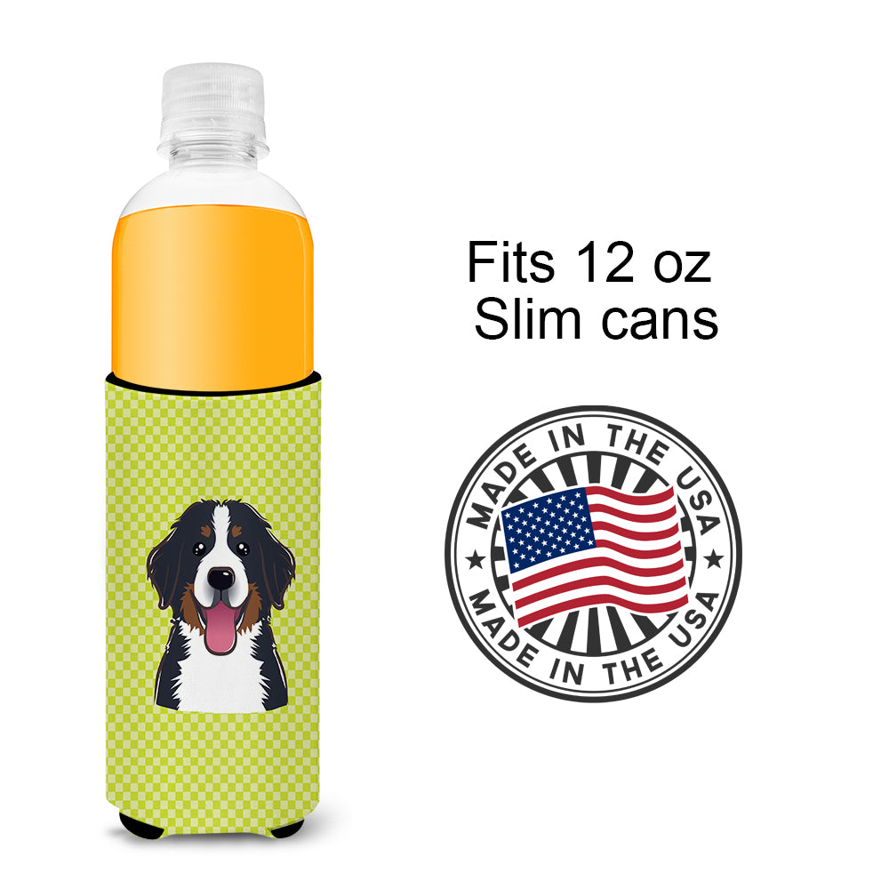 Checkerboard Lime Green Bernese Mountain Dog Ultra Beverage Insulators slim cans.