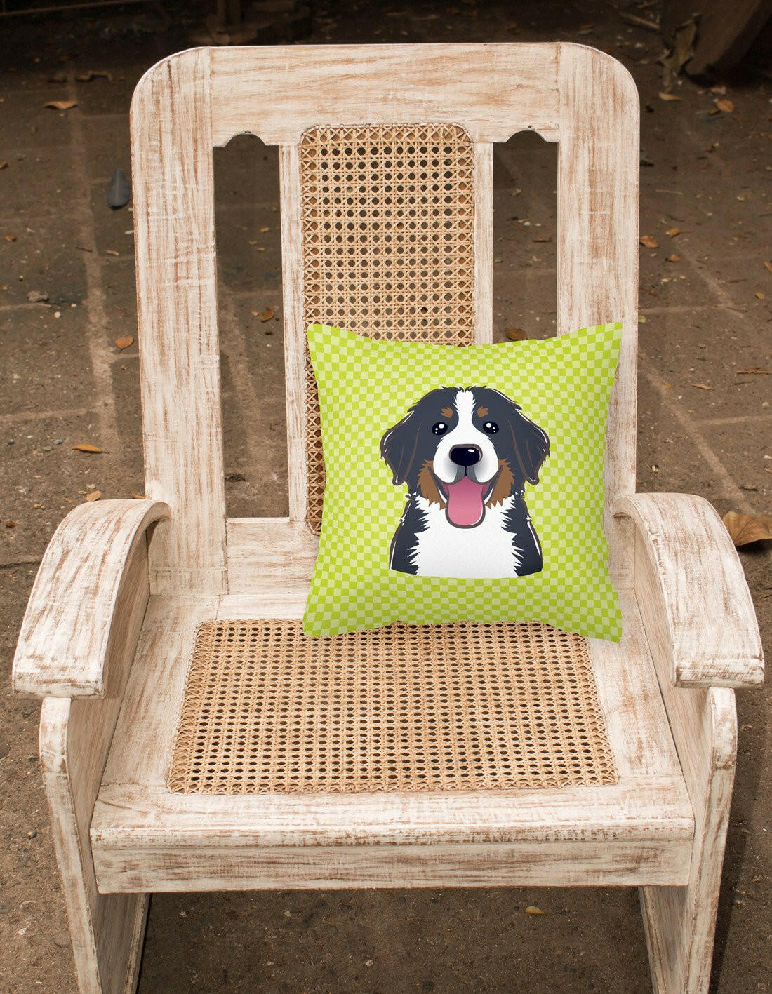 Checkerboard Lime Green Bernese Mountain Dog Canvas Fabric Decorative Pillow BB1299PW1414 - the-store.com
