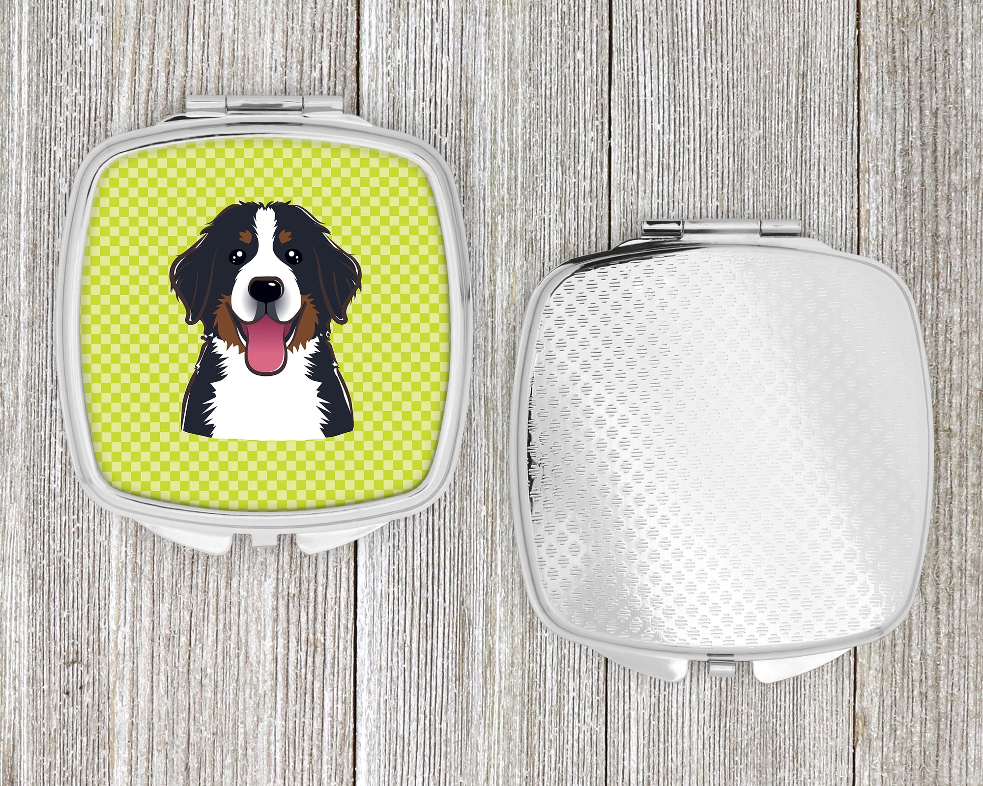 Checkerboard Lime Green Bernese Mountain Dog Compact Mirror BB1299SCM  the-store.com.