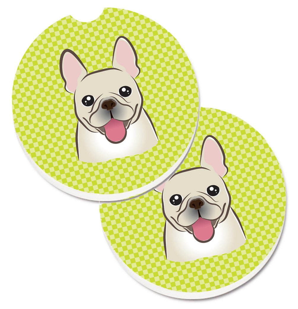 Checkerboard Lime Green French Bulldog Set of 2 Cup Holder Car Coasters BB1300CARC by Caroline&#39;s Treasures