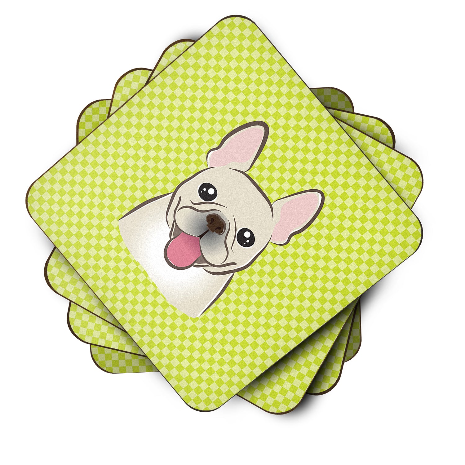 Set of 4 Checkerboard Lime Green French Bulldog Foam Coasters BB1300FC - the-store.com