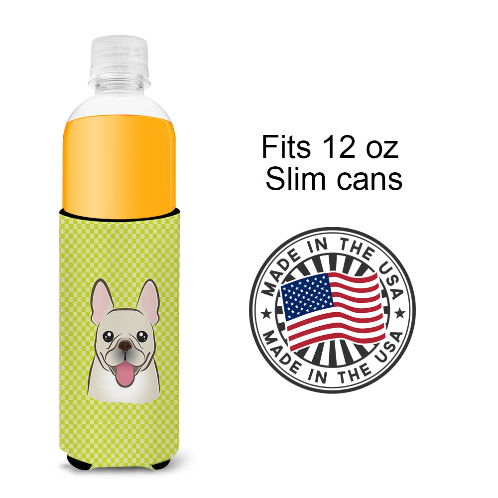 Checkerboard Lime Green French Bulldog Ultra Beverage Insulators for slim cans.