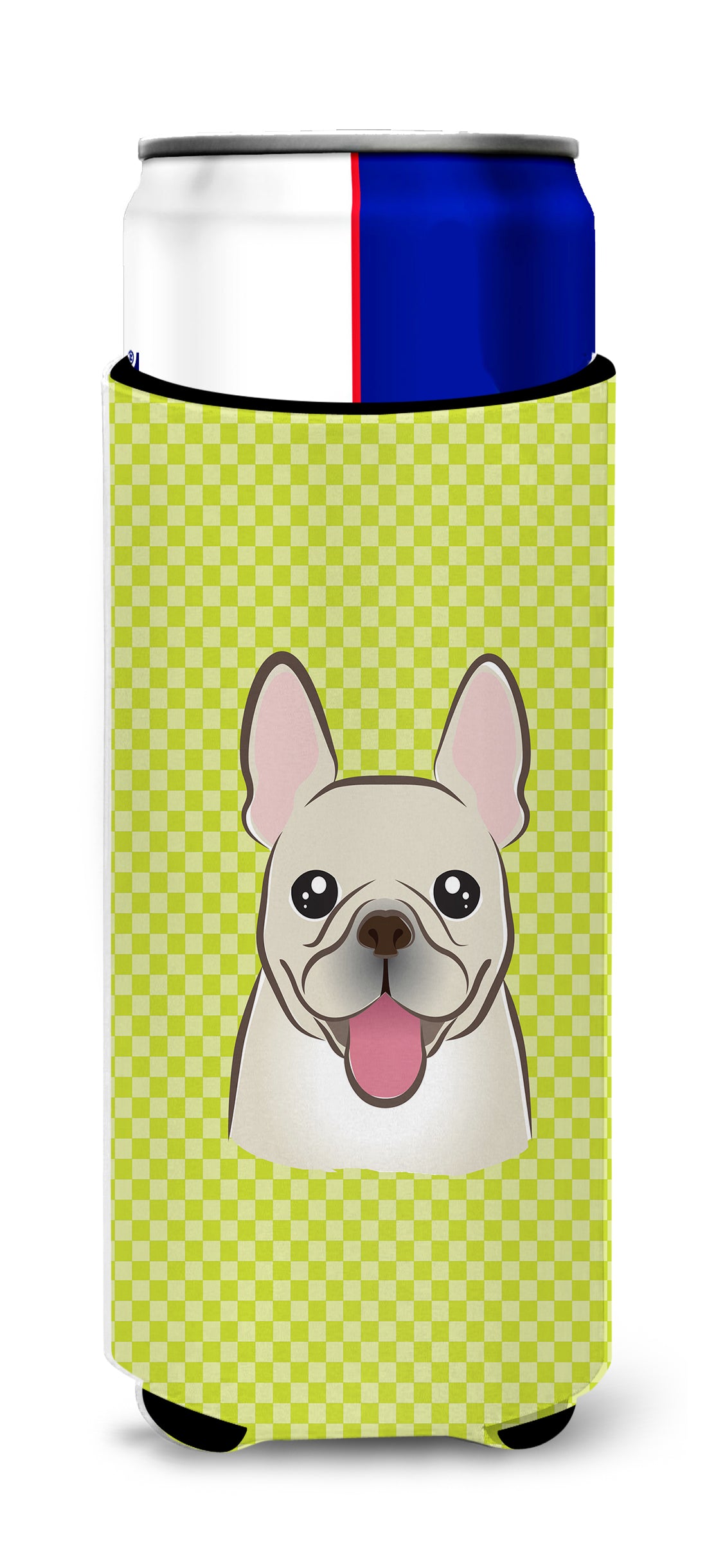 Checkerboard Lime Green French Bulldog Ultra Beverage Insulators for slim cans