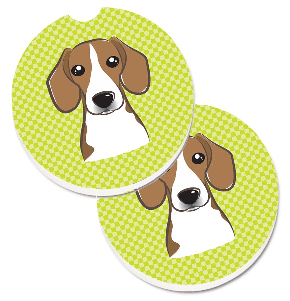 Checkerboard Lime Green Beagle Set of 2 Cup Holder Car Coasters BB1301CARC by Caroline&#39;s Treasures