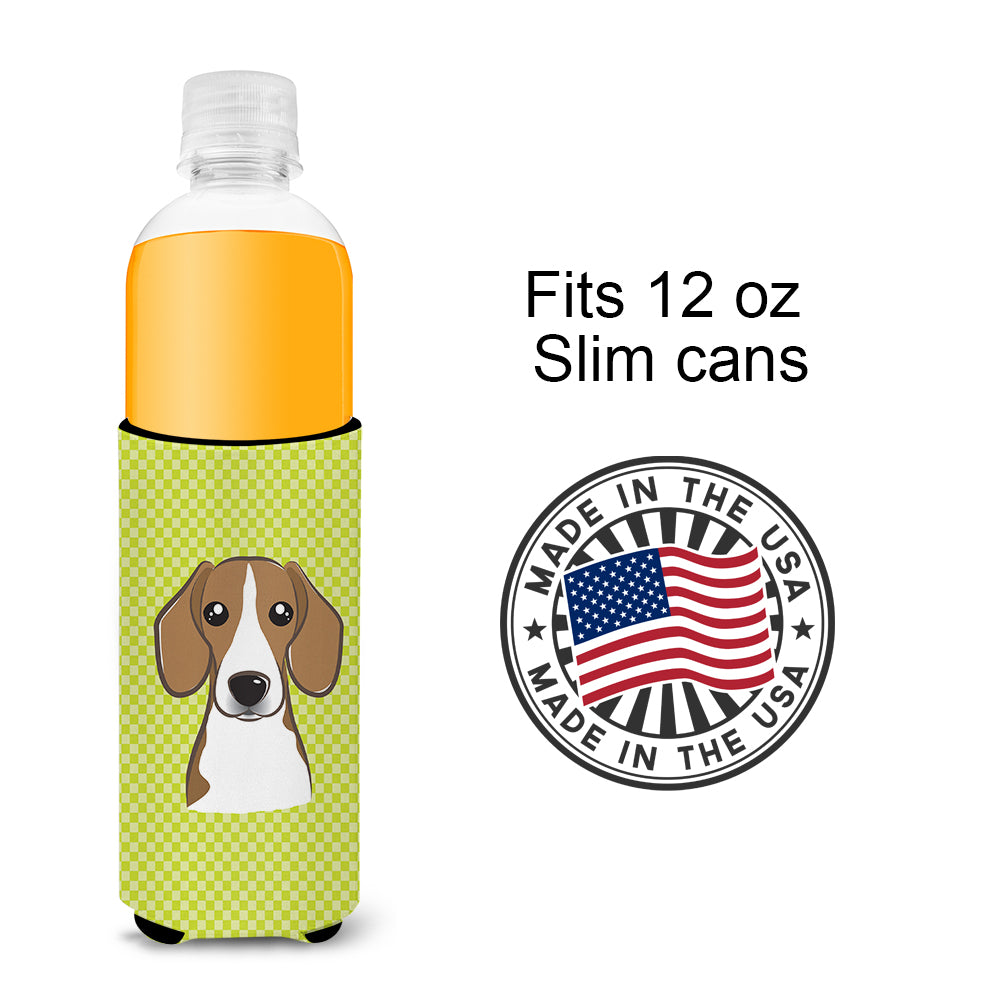 Checkerboard Lime Green Beagle Ultra Beverage Insulators for slim cans BB1301MUK.