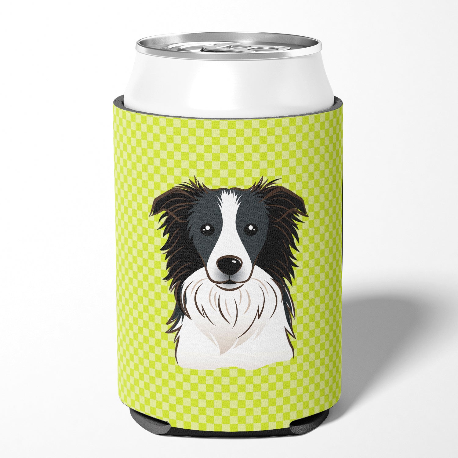 Checkerboard Lime Green Border Collie Can or Bottle Hugger BB1303CC.