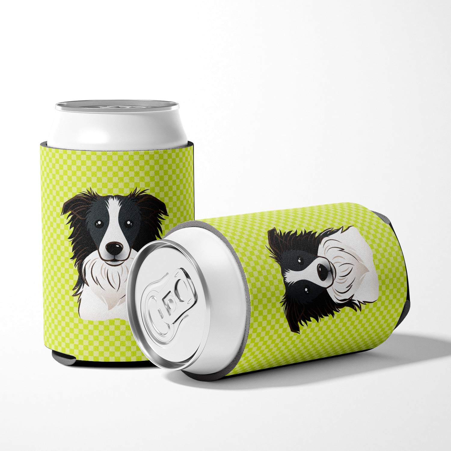 Checkerboard Lime Green Border Collie Can or Bottle Hugger BB1303CC