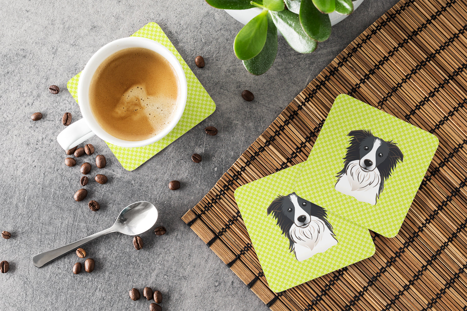 Set of 4 Checkerboard Lime Green Border Collie Foam Coasters BB1303FC - the-store.com