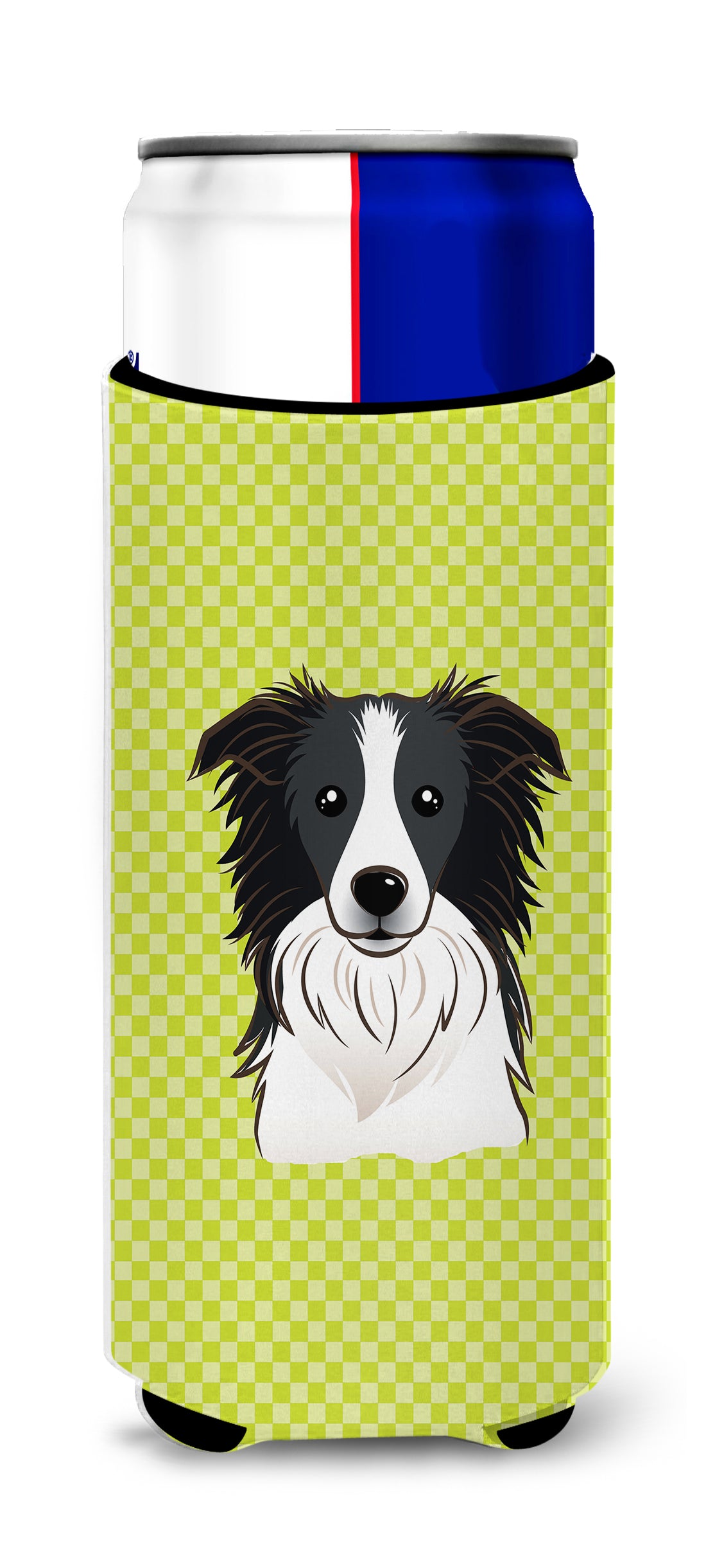 Checkerboard Lime Green Border Collie Ultra Beverage Insulators for slim cans.