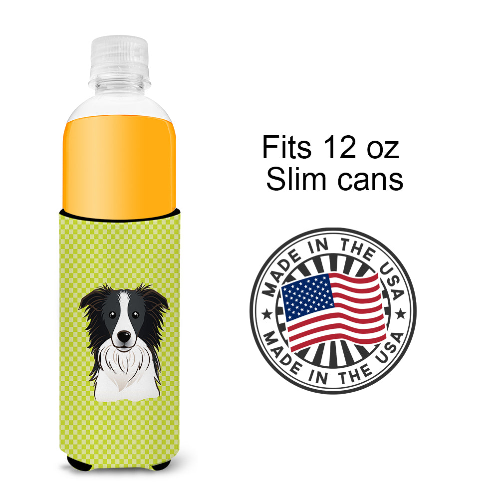Checkerboard Lime Green Border Collie Ultra Beverage Insulators for slim cans.