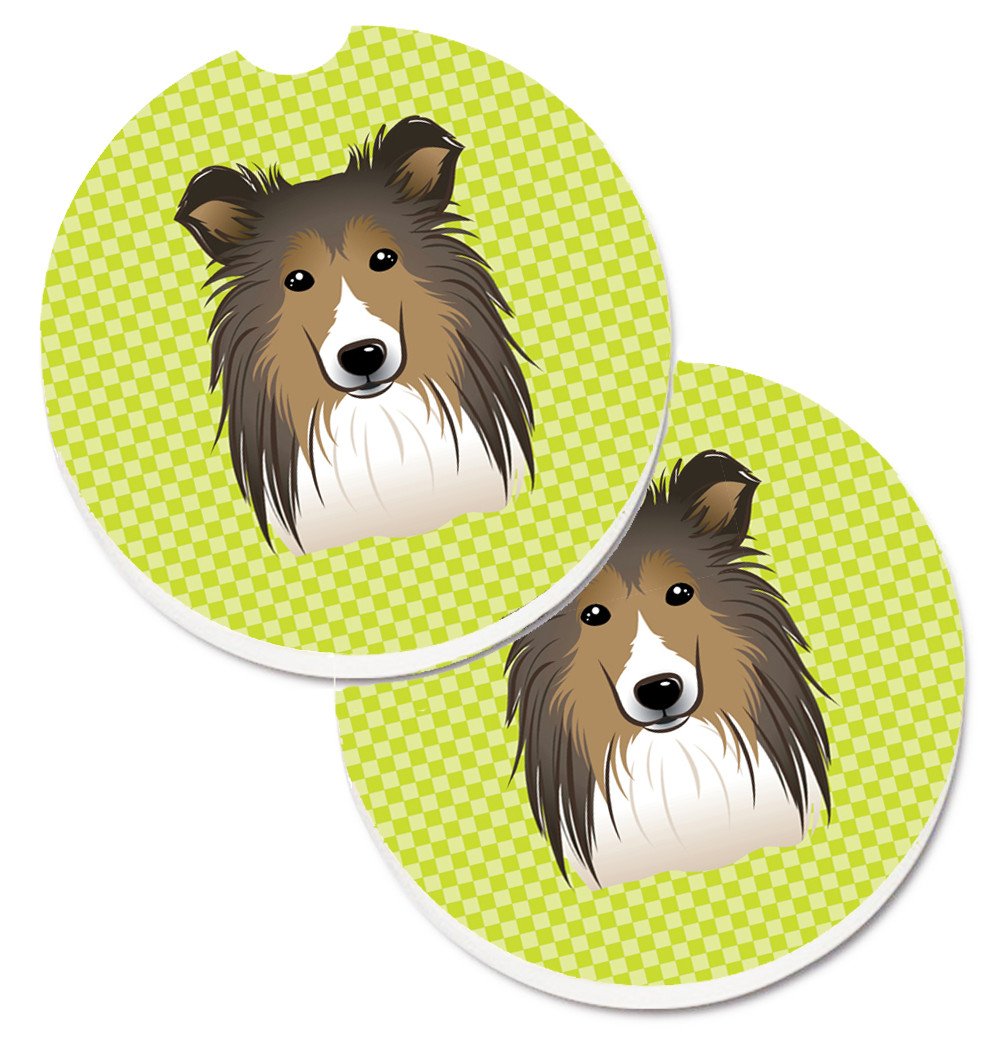 Checkerboard Lime Green Sheltie Set of 2 Cup Holder Car Coasters BB1304CARC by Caroline&#39;s Treasures