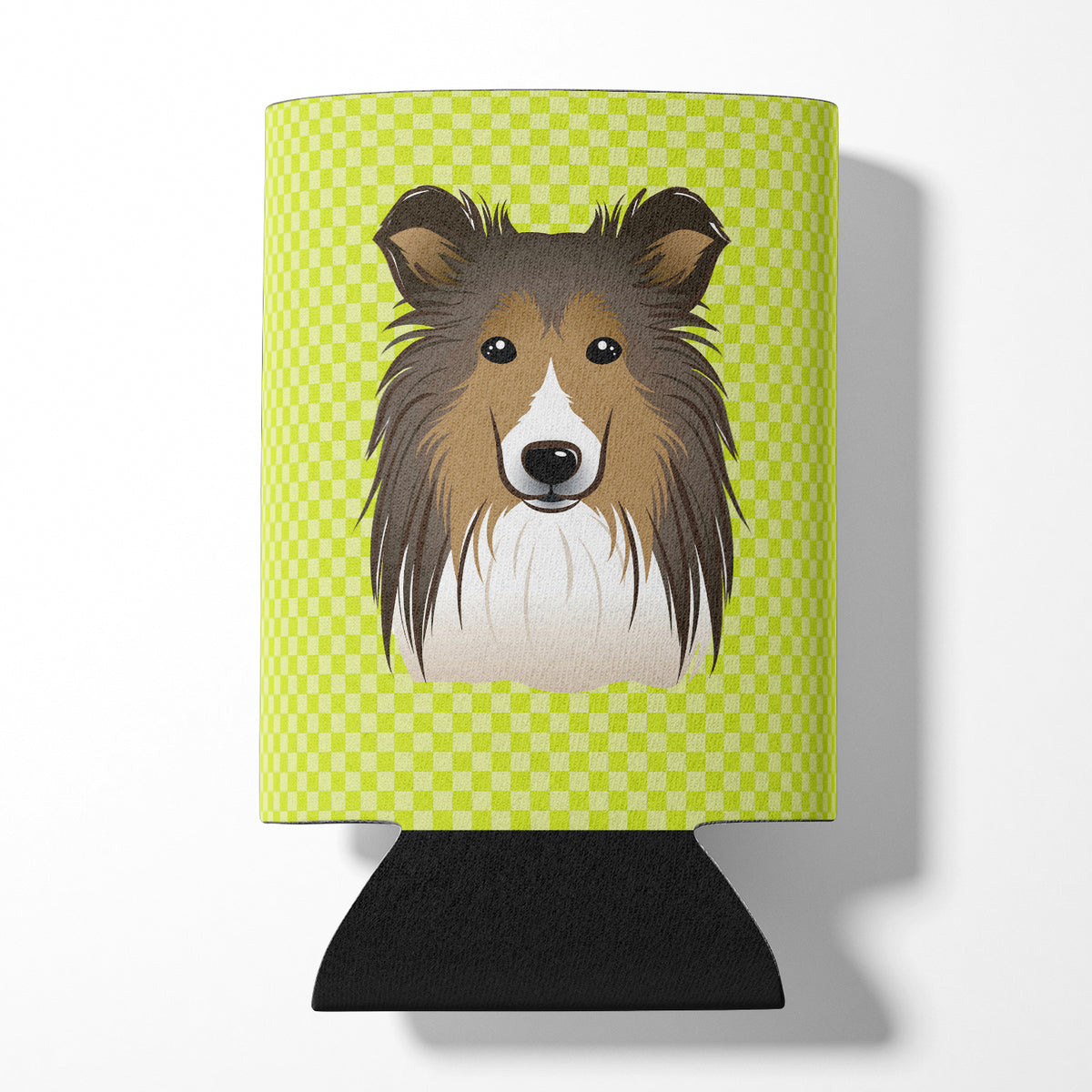Checkerboard Lime Green Sheltie Can or Bottle Hugger BB1304CC