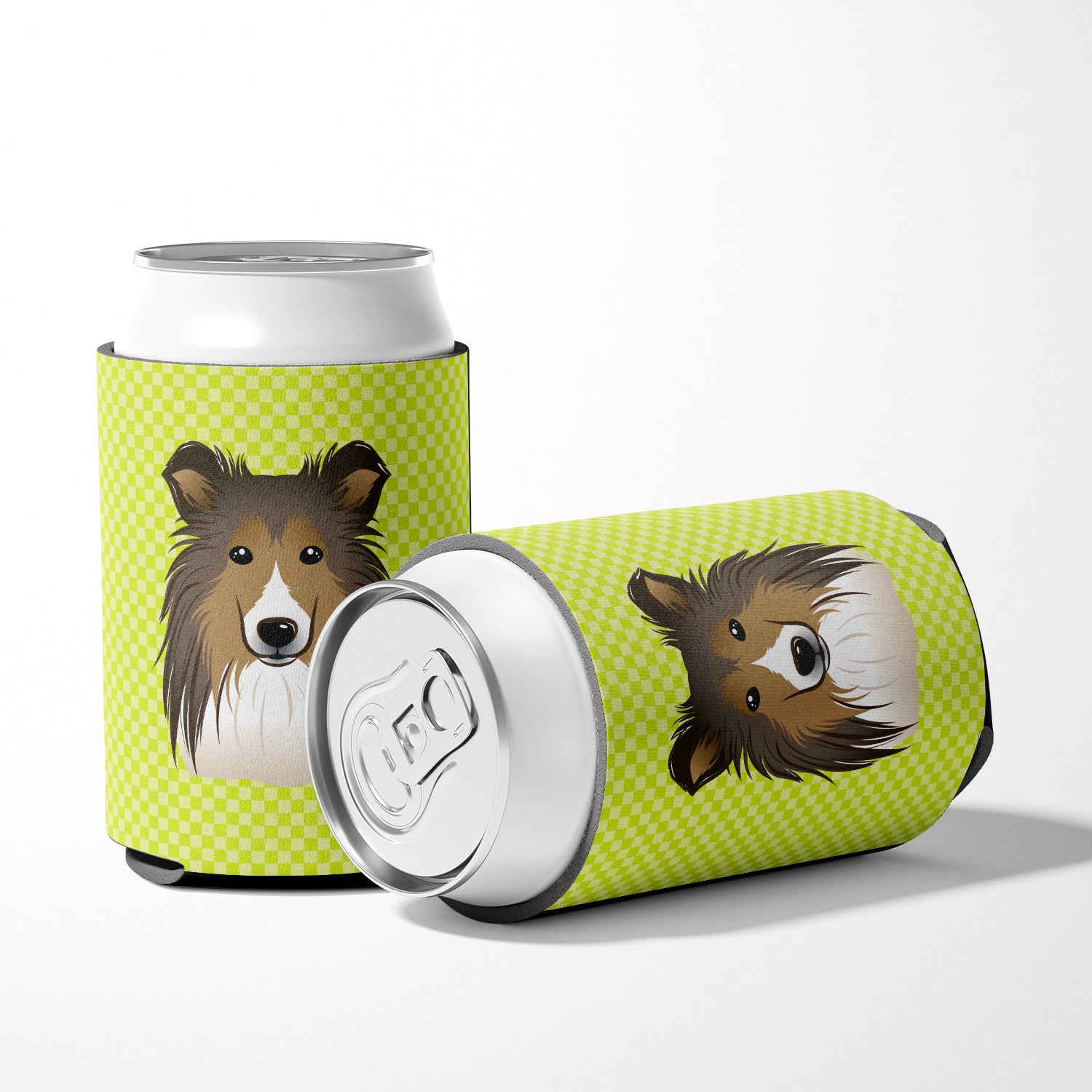 Checkerboard Lime Green Sheltie Can or Bottle Hugger BB1304CC.
