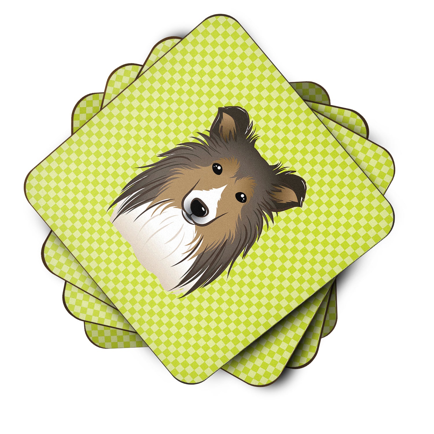 Set of 4 Checkerboard Lime Green Sheltie Foam Coasters BB1304FC - the-store.com