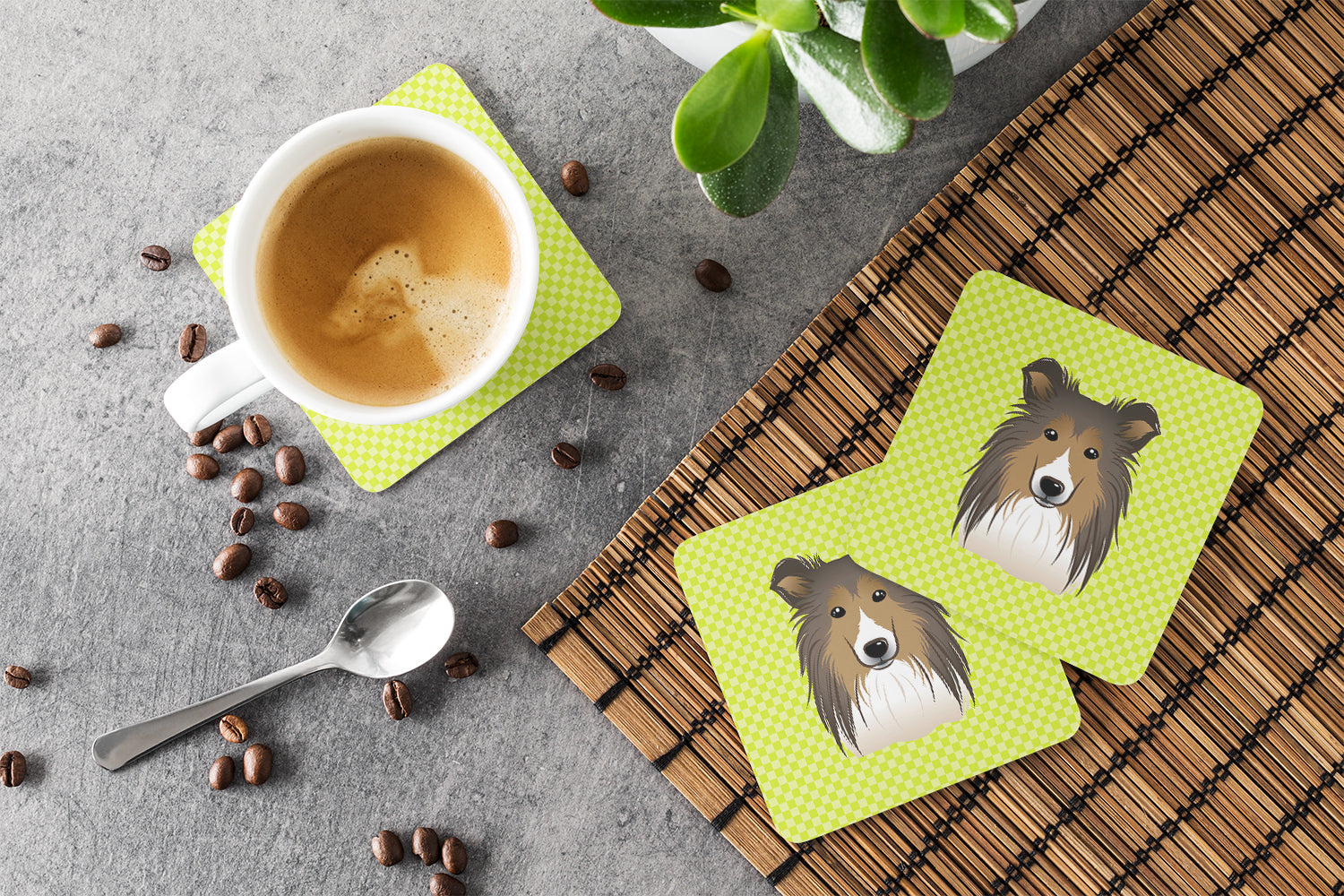 Set of 4 Checkerboard Lime Green Sheltie Foam Coasters BB1304FC - the-store.com