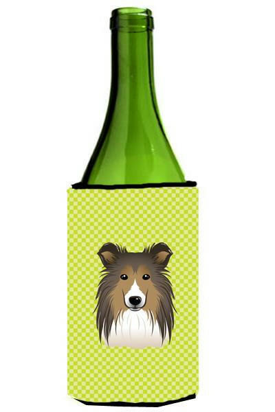 Checkerboard Lime Green Sheltie Wine Bottle Beverage Insulator Hugger BB1304LITERK by Caroline&#39;s Treasures
