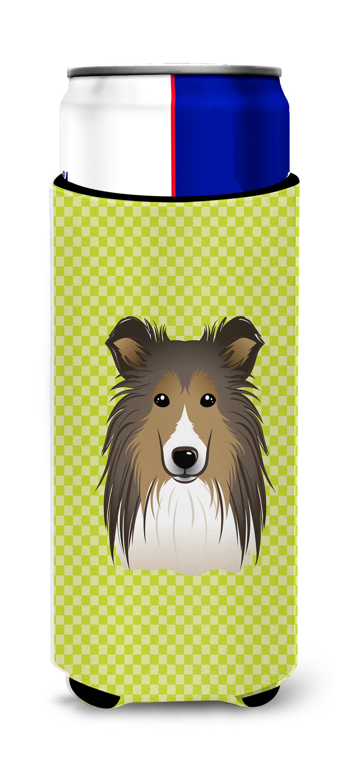 Checkerboard Lime Green Sheltie Ultra Beverage Insulators for slim cans BB1304MUK.