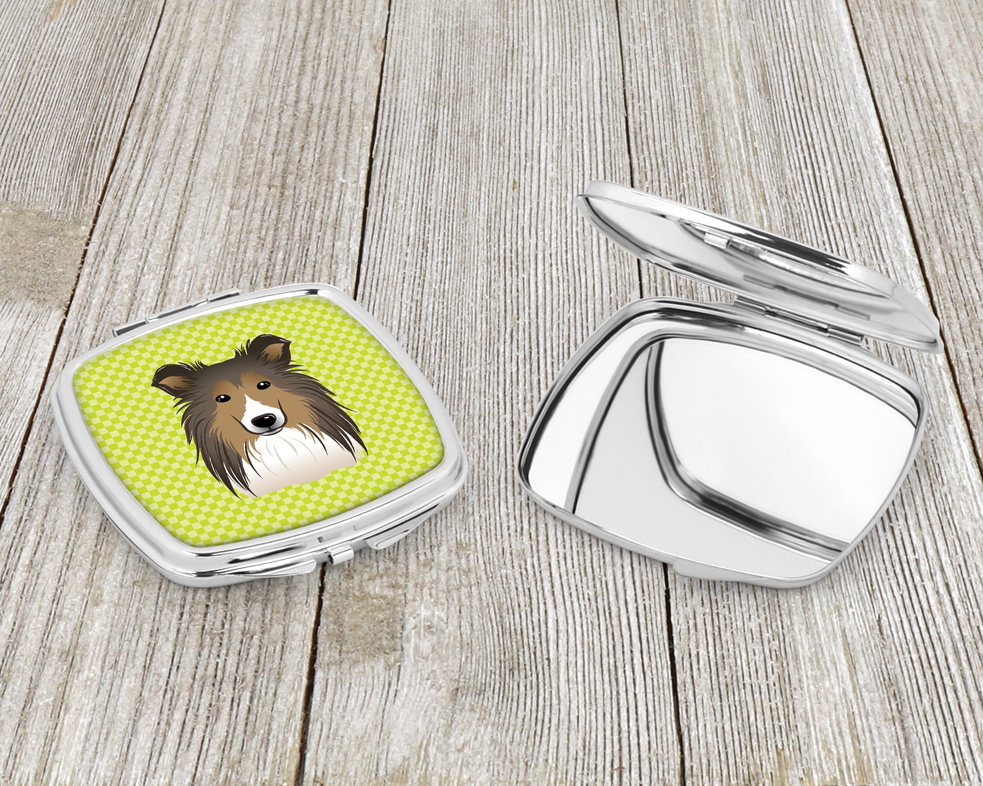 Checkerboard Lime Green Sheltie Compact Mirror BB1304SCM  the-store.com.