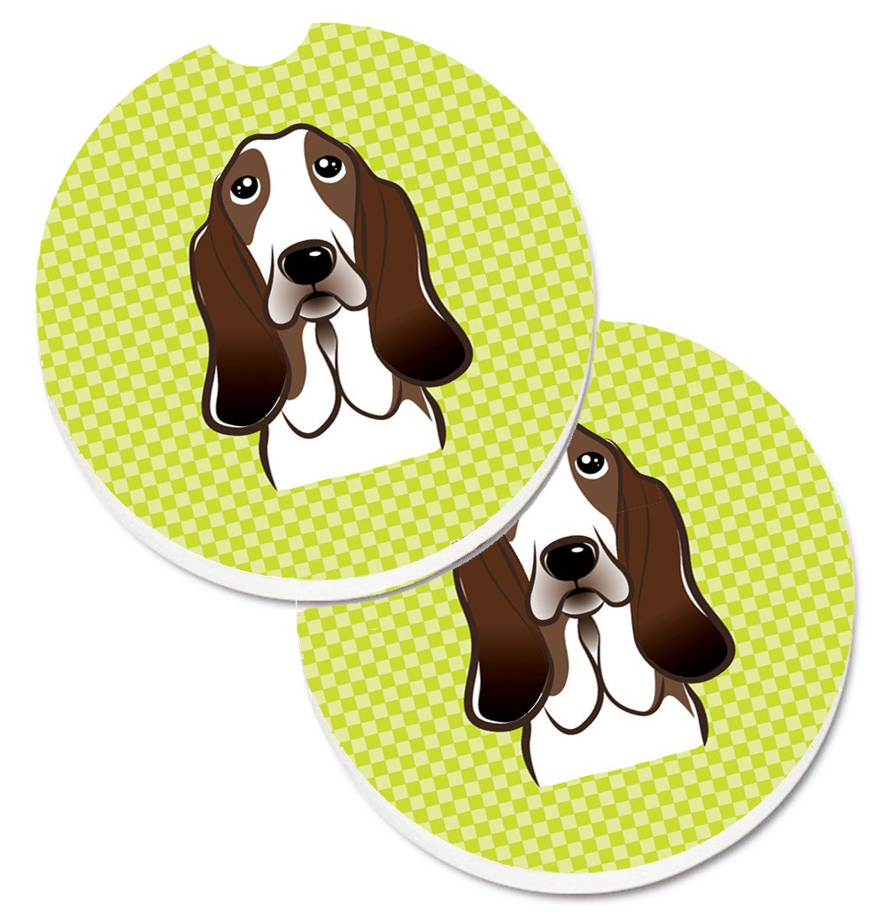 Checkerboard Lime Green Basset Hound Set of 2 Cup Holder Car Coasters BB1305CARC by Caroline&#39;s Treasures