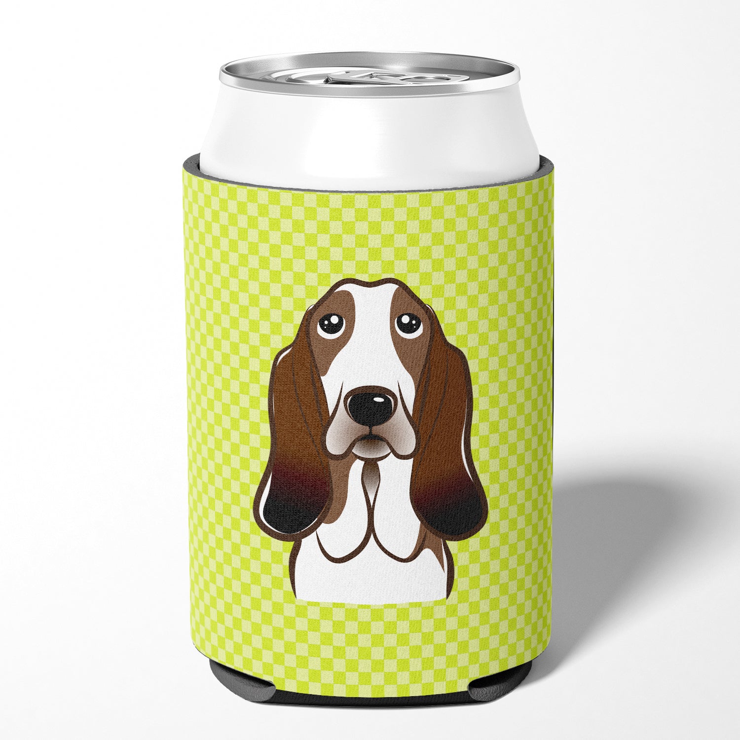 Checkerboard Lime Green Basset Hound Can or Bottle Hugger BB1305CC