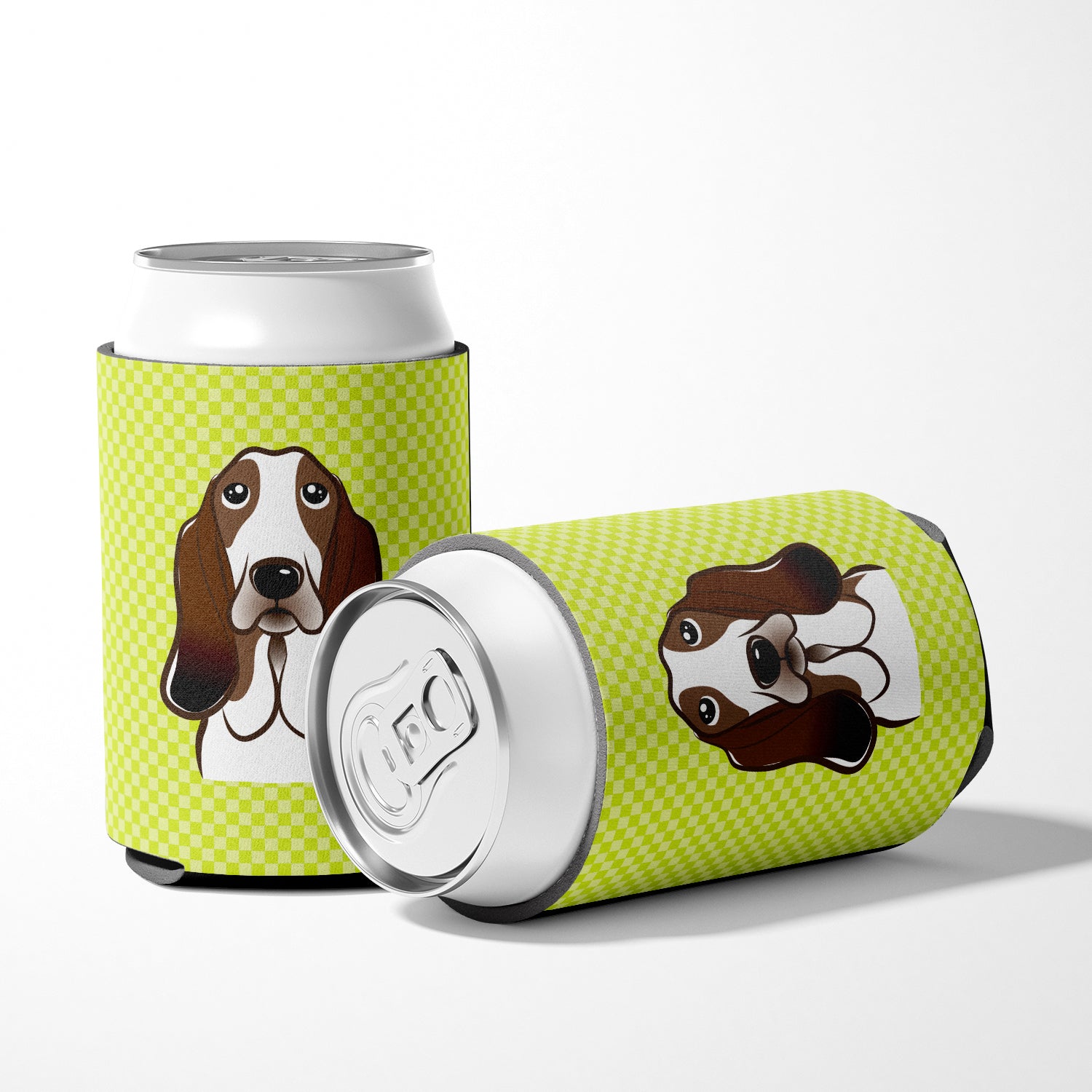 Checkerboard Lime Green Basset Hound Can or Bottle Hugger BB1305CC