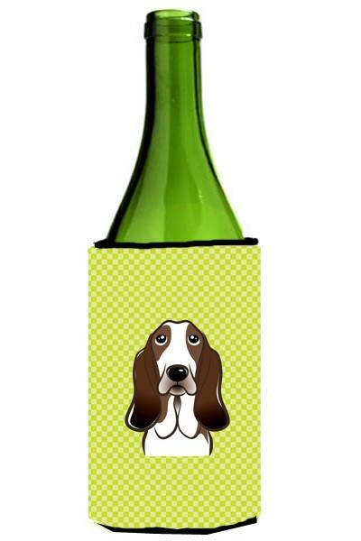 Checkerboard Lime Green Basset Hound Wine Bottle Beverage Insulator Hugger BB1305LITERK by Caroline&#39;s Treasures