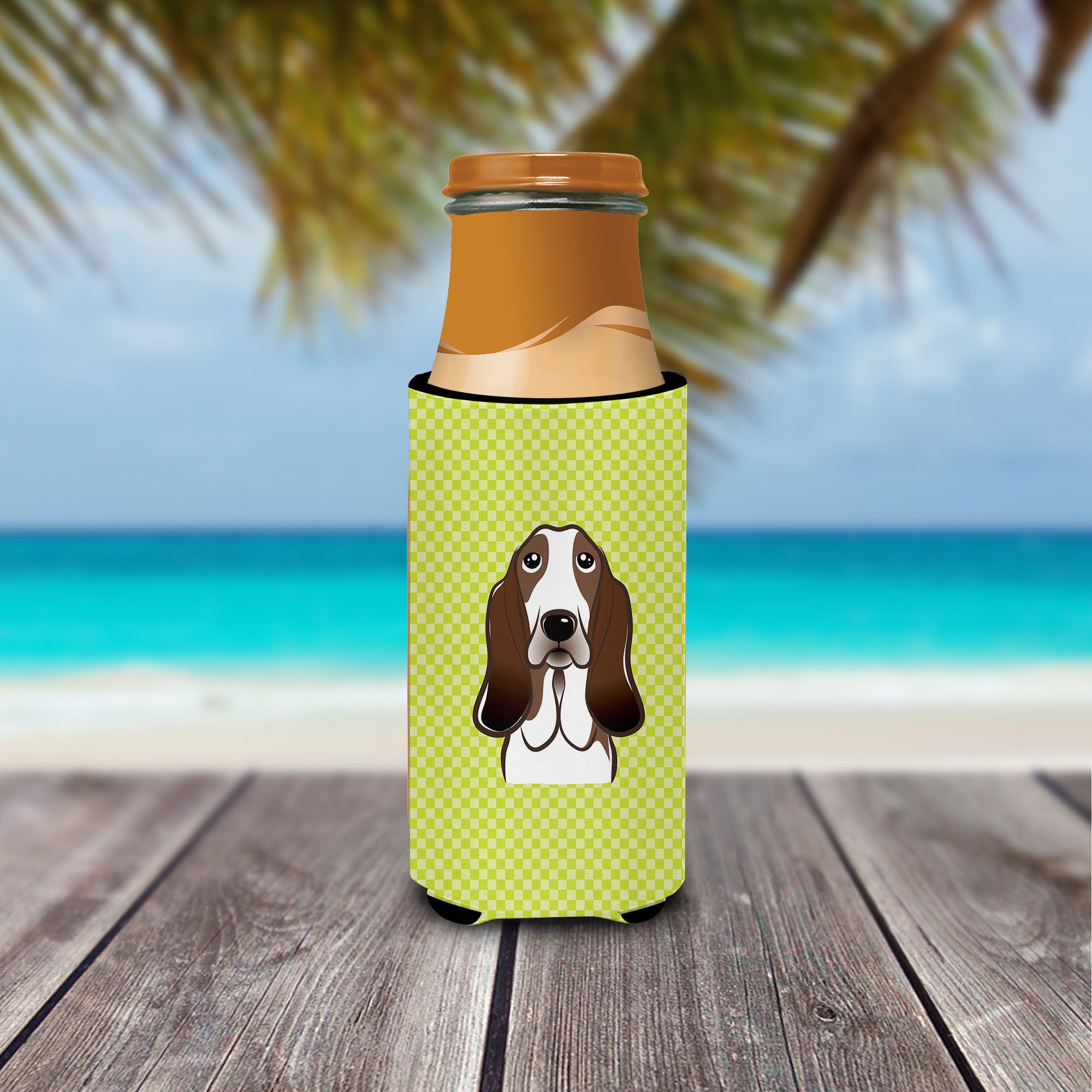 Checkerboard Lime Green Basset Hound Ultra Beverage Insulators for slim cans.
