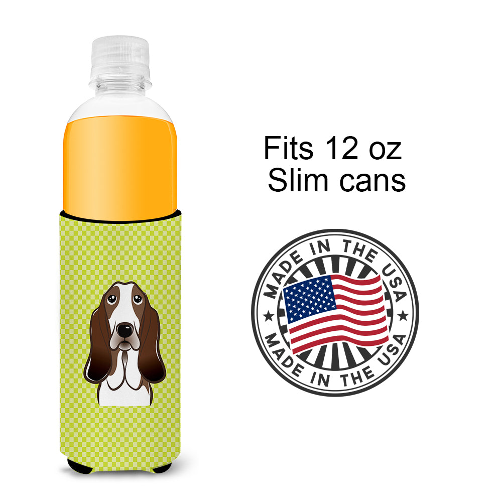 Checkerboard Lime Green Basset Hound Ultra Beverage Insulators for slim cans.