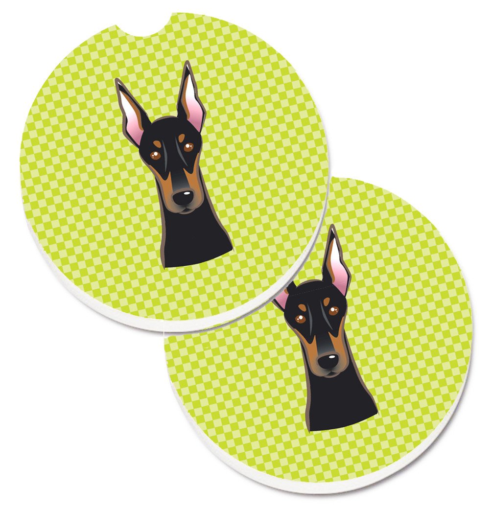 Checkerboard Lime Green Doberman Set of 2 Cup Holder Car Coasters BB1307CARC by Caroline&#39;s Treasures