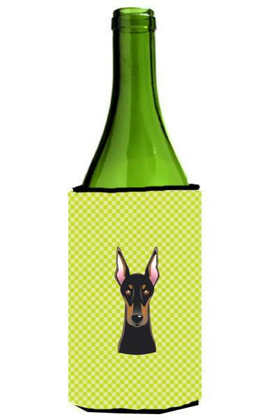 Checkerboard Lime Green Doberman Wine Bottle Beverage Insulator Hugger BB1307LITERK by Caroline&#39;s Treasures