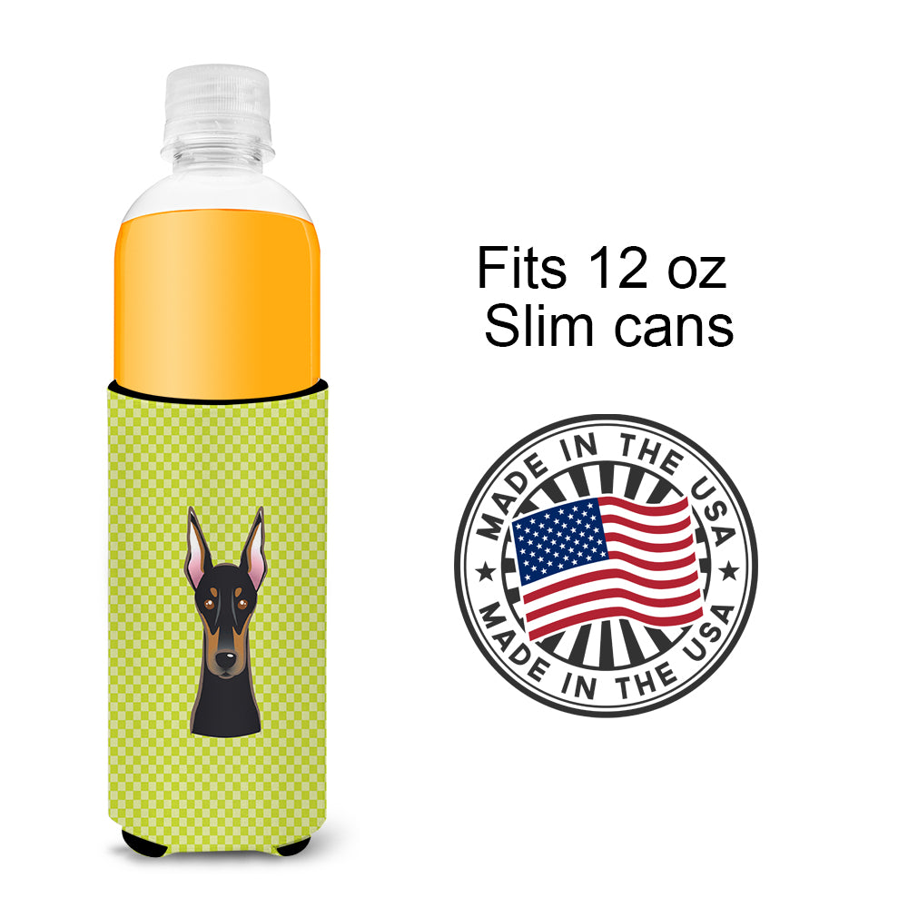 Checkerboard Lime Green Doberman Ultra Beverage Insulators for slim cans BB1307MUK