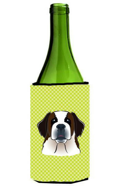 Checkerboard Lime Green Saint Bernard Wine Bottle Beverage Insulator Hugger BB1308LITERK by Caroline&#39;s Treasures