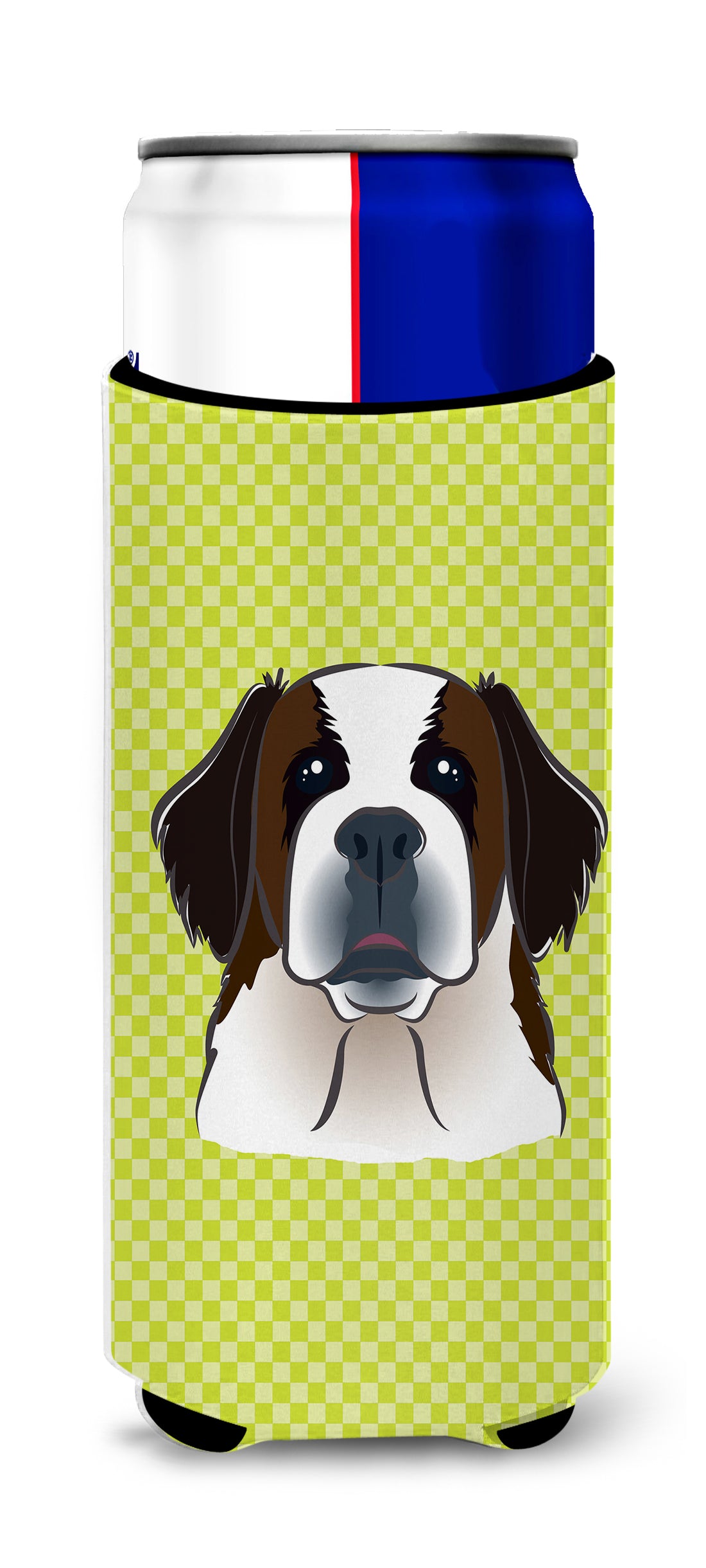 Caroline's Treasures Checkerboard Lime Green Saint Bernard Slim Can Hugger – Fun & Functional Drink Coolers