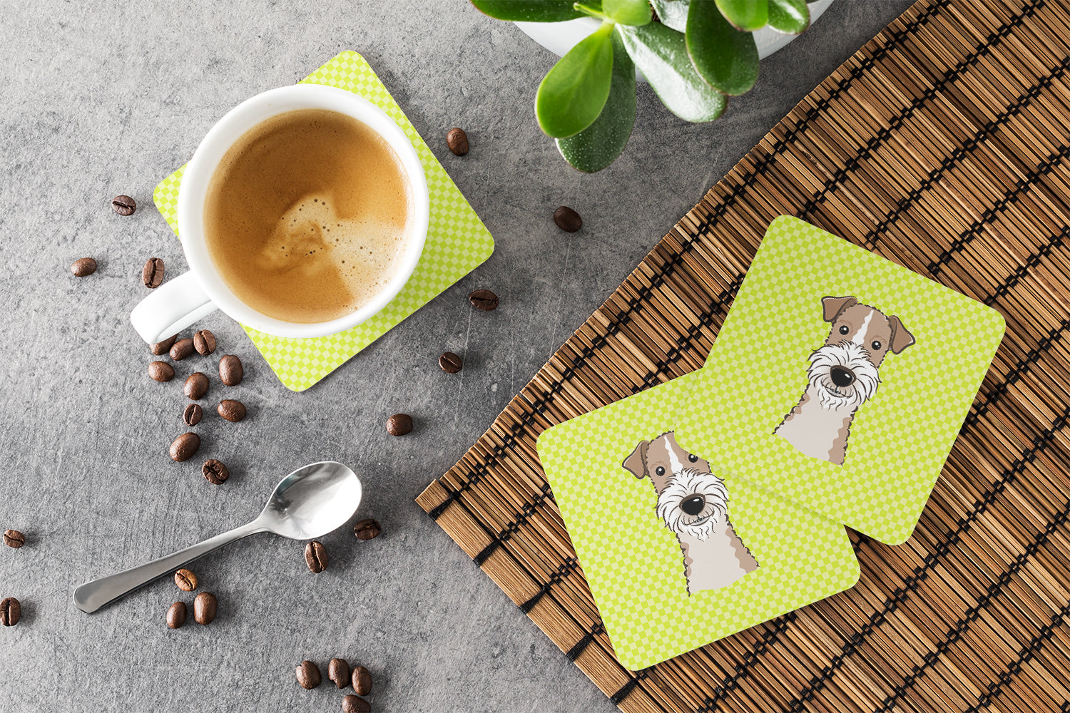 Set of 4 Checkerboard Lime Green Wire Haired Fox Terrier Foam Coasters BB1309FC - the-store.com