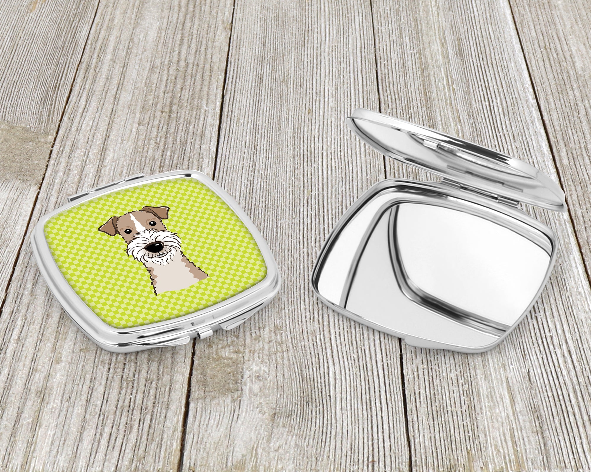 Checkerboard Lime Green Wire Haired Fox Terrier Compact Mirror BB1309SCM