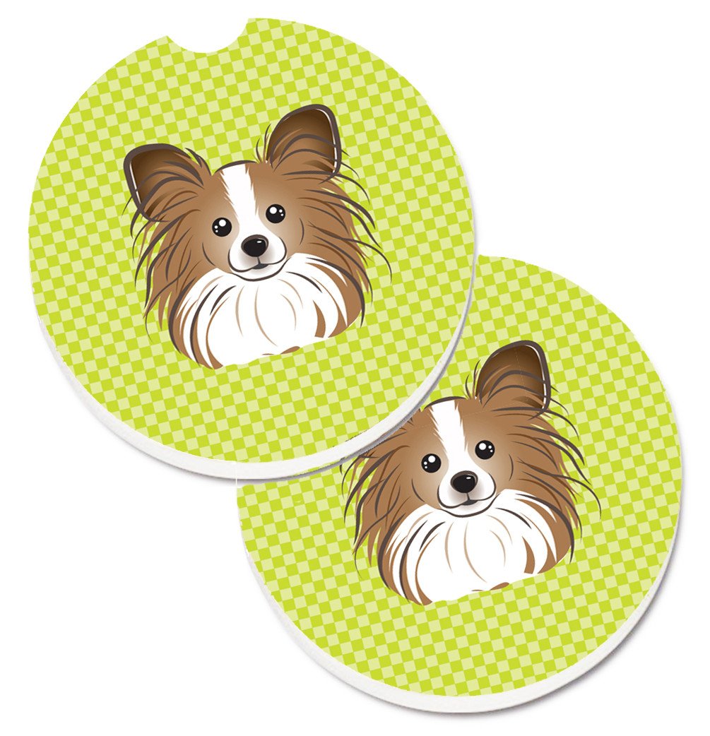 Checkerboard Lime Green Papillon Set of 2 Cup Holder Car Coasters BB1310CARC by Caroline&#39;s Treasures